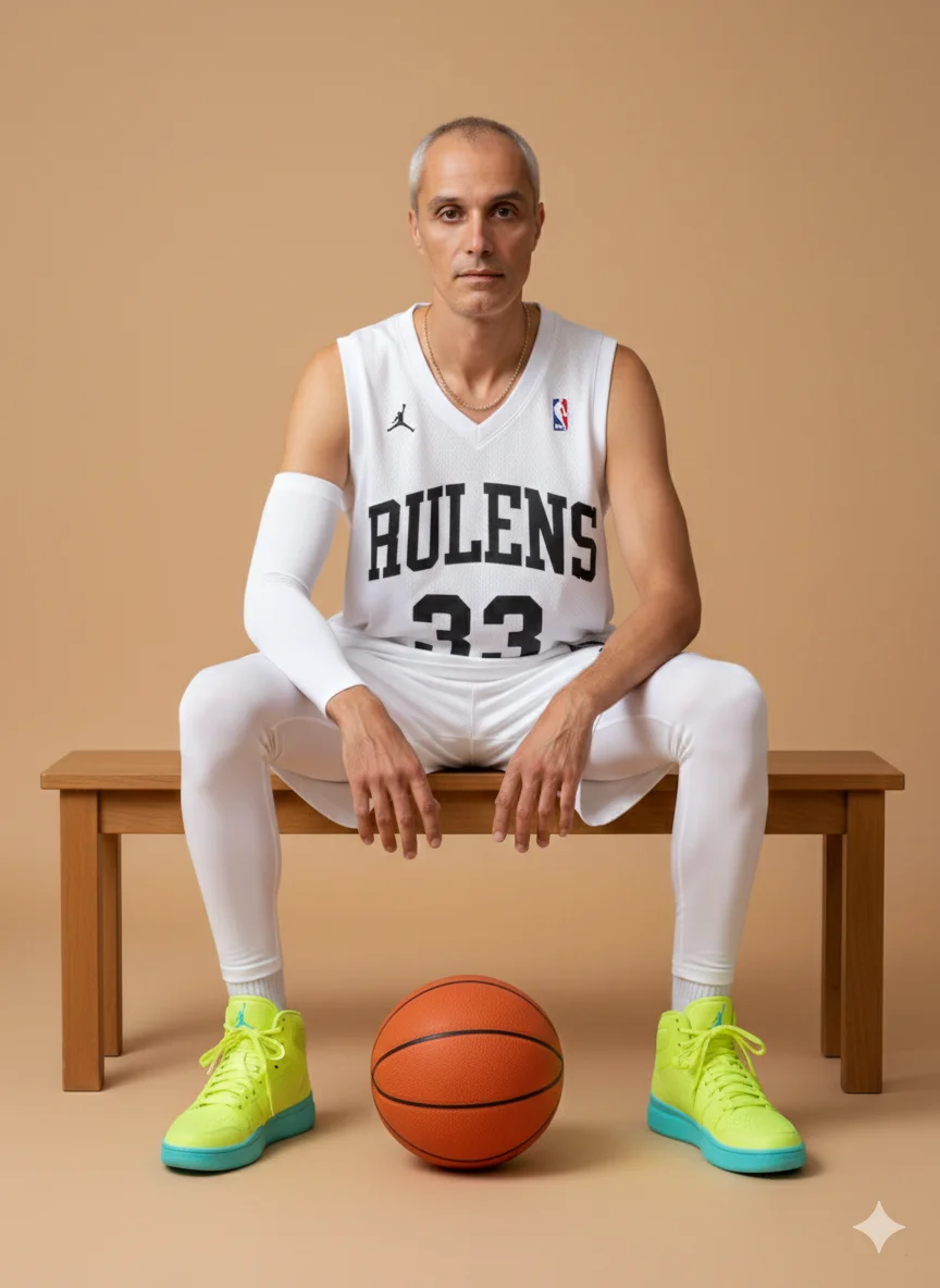 Мужчина в белой баскетбольной форме сидит на скамье с мячом у ног