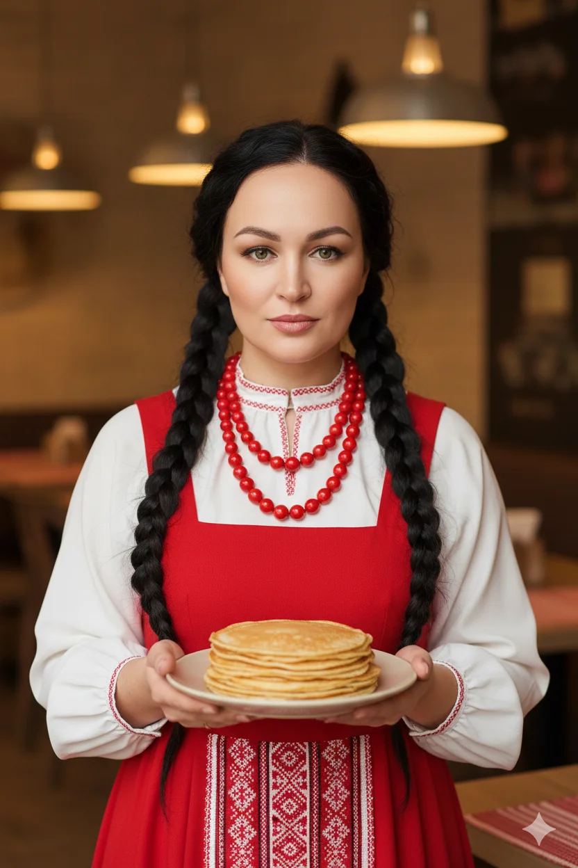 Девушка в красном сарафане с косами держит стопку блинов