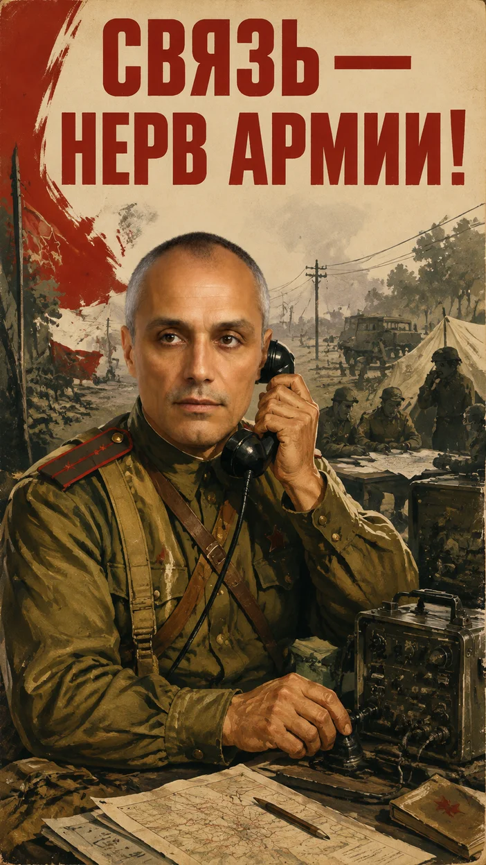 Фотосессия связиста в полевом штабе