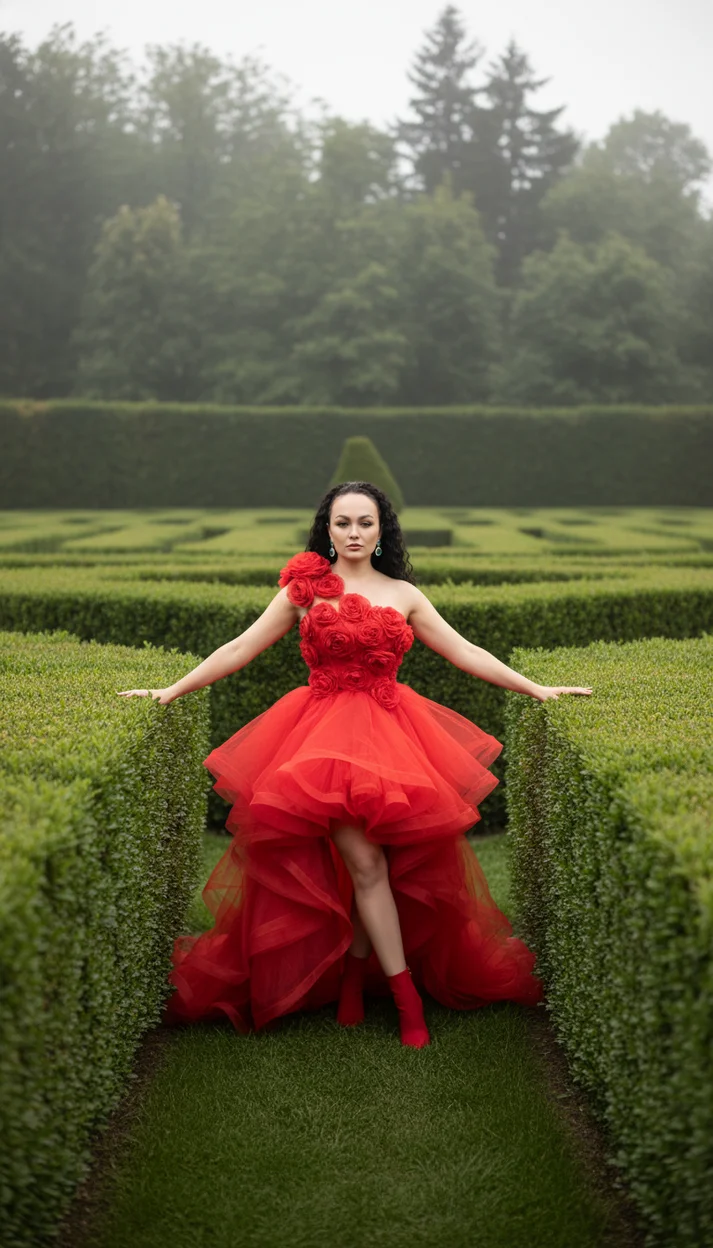 Садовый лабиринт с красным кутюрным платьем