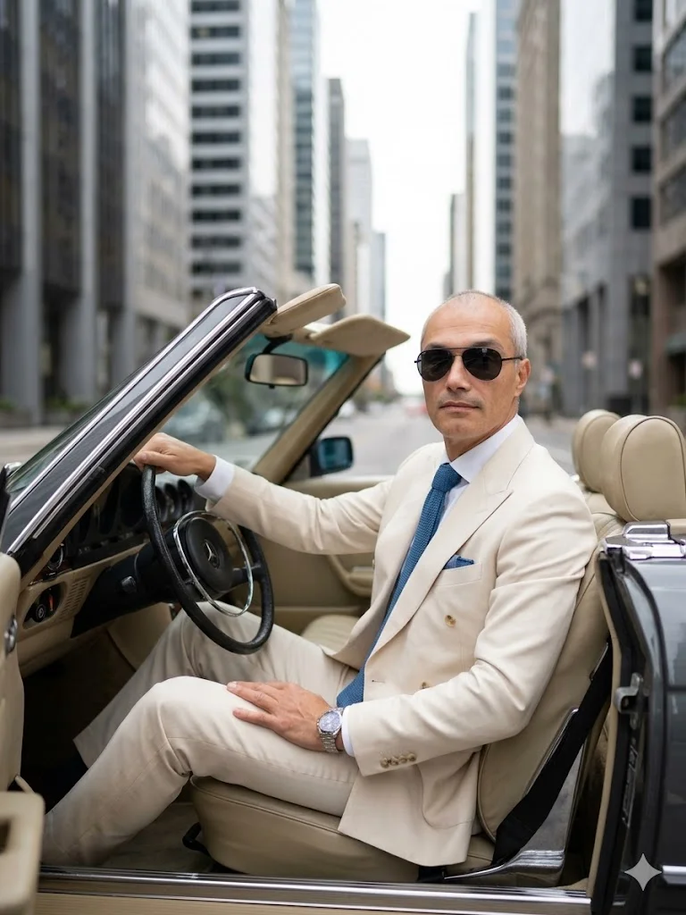 Мужчина в светлом костюме за рулём кабриолета на фоне небоскрёбов