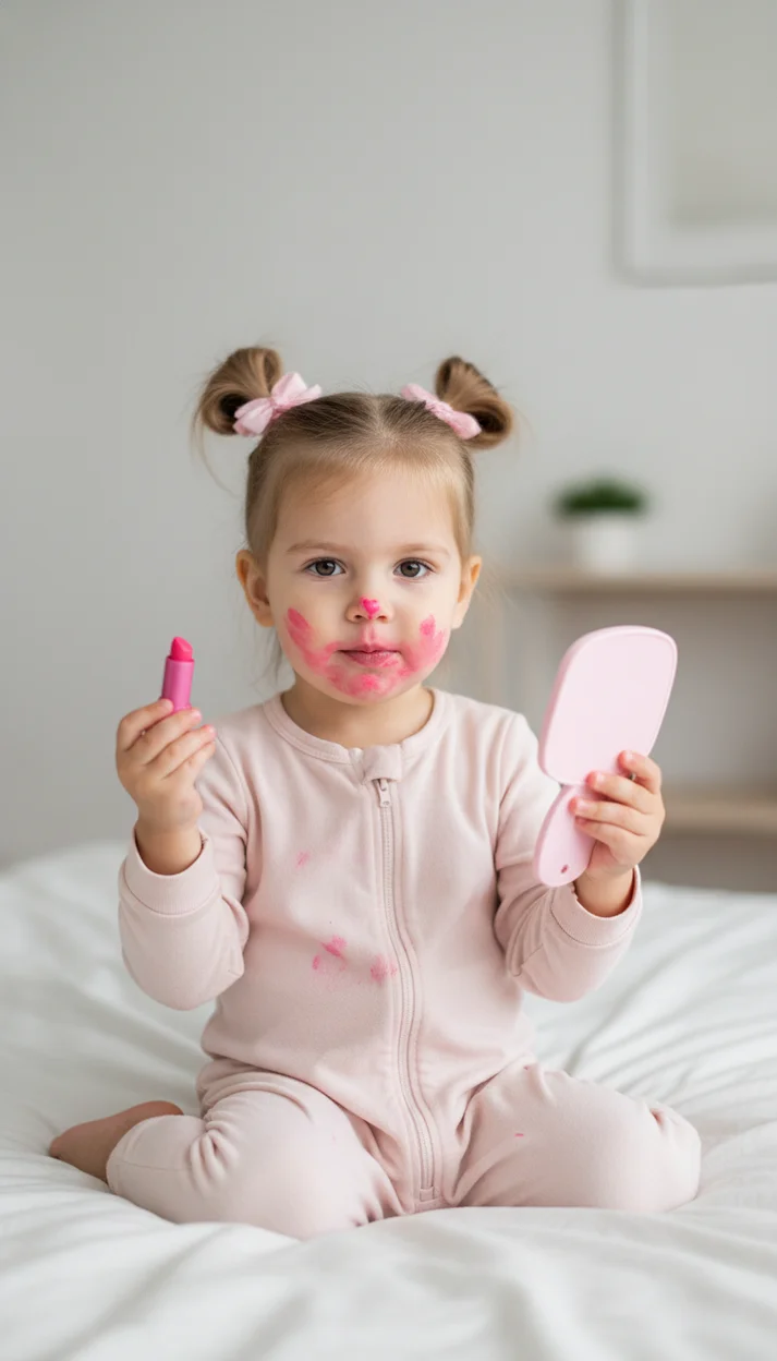  Забавный портрет ребёнка с помадой и зеркалом