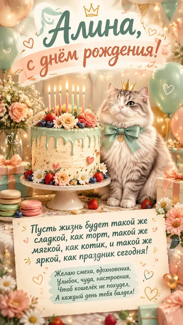 Фотосессия открытка с тортом и котом для Алины