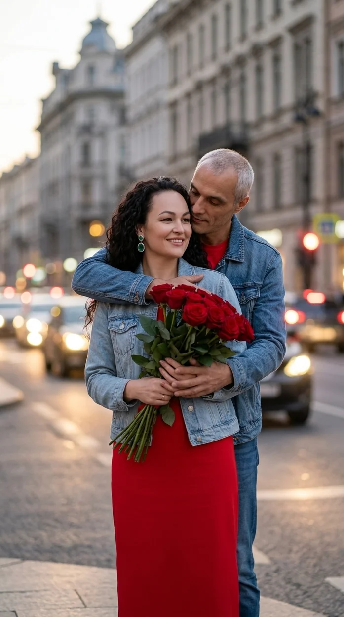 Пара на городской улице вечером, девушка с букетом красных роз