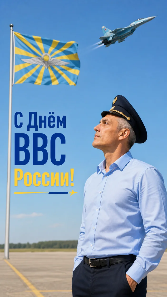 Фотосессия пилота у флага ВВС на аэродроме