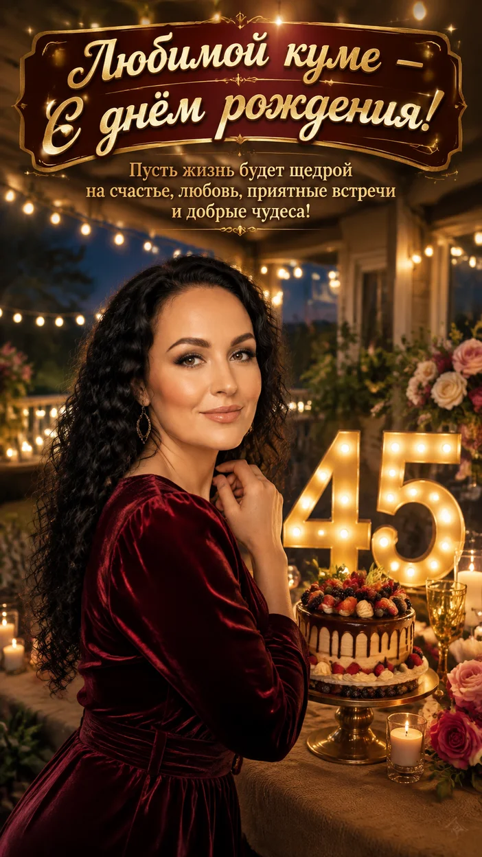 Фотооткрытка для кумы с поздравлением "Любимой куме — С днём рождения!"