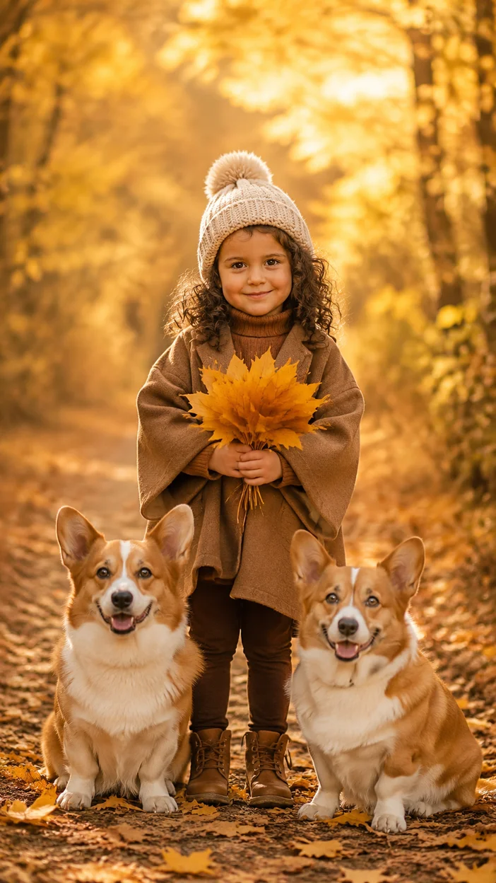 Фотосессия девочки с двумя корги