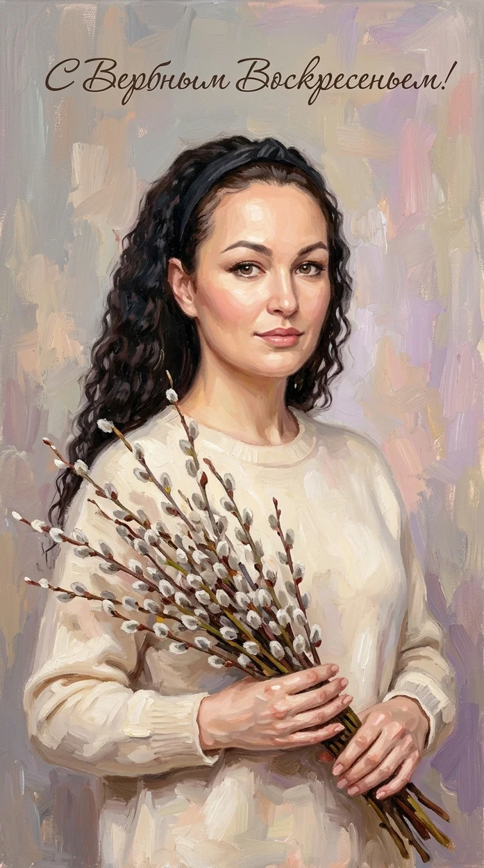  Портрет с веточками вербы в стиле масляной живописи
