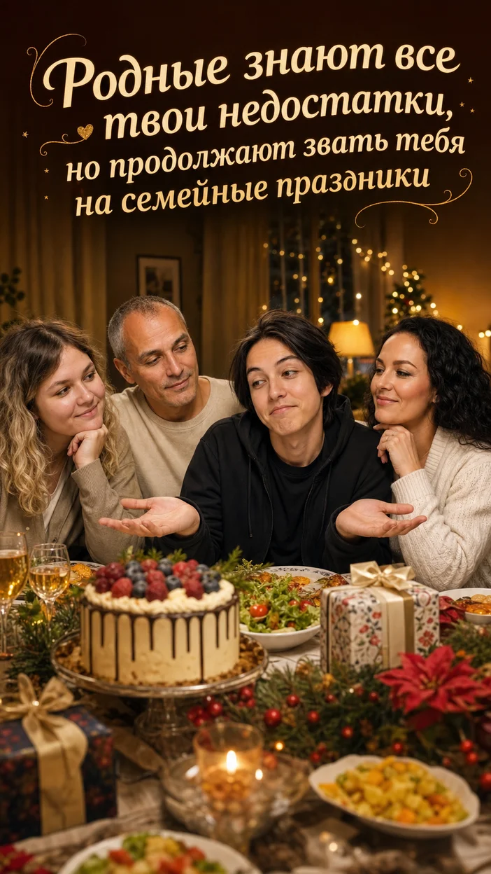 Фотооткрытка для семьи с поздравлением "Родные знают все твои недостатки, но продолжают звать тебя на семейные праздники"