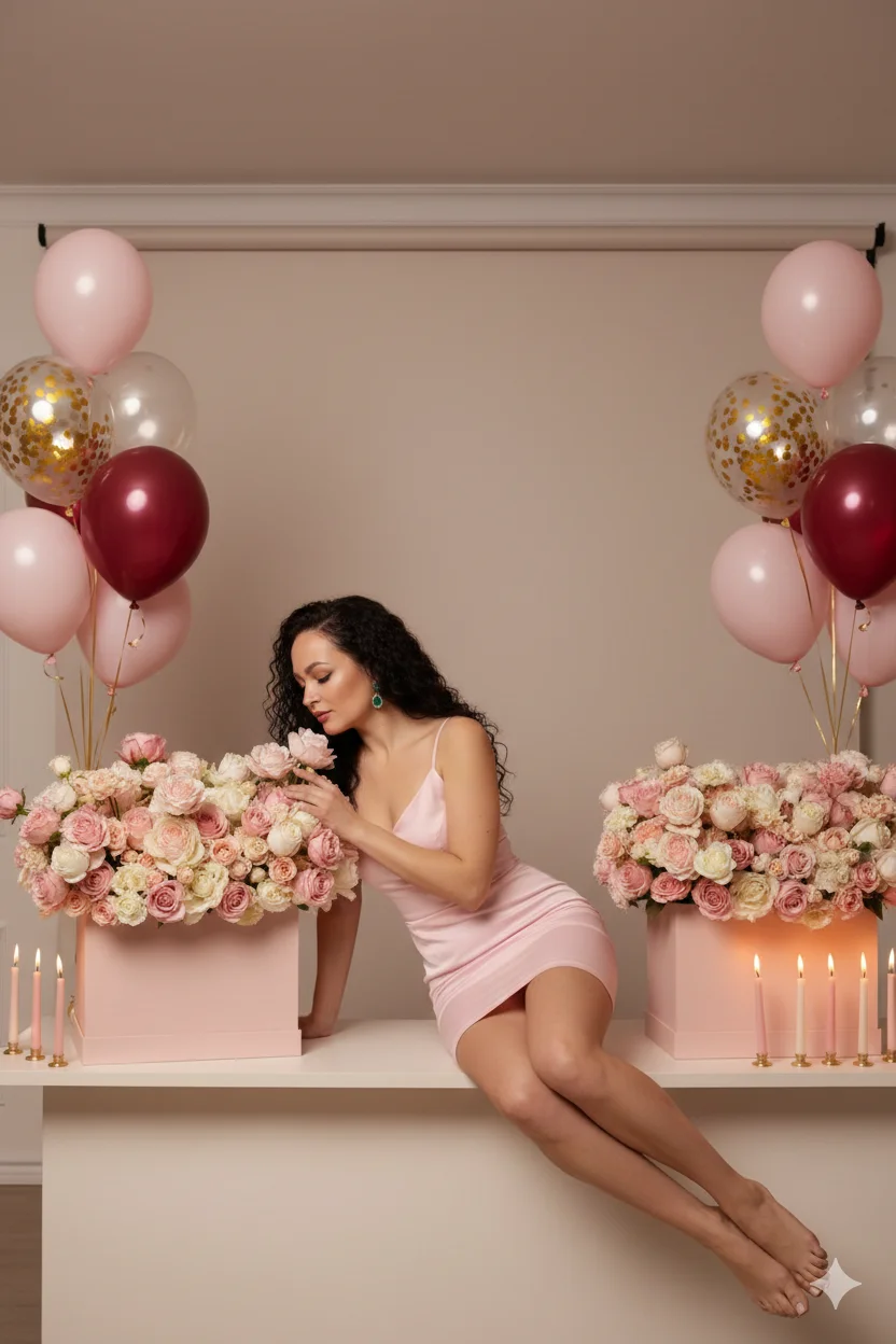 Женщина в интерьере среди цветочных коробок и шаров в розовом платье