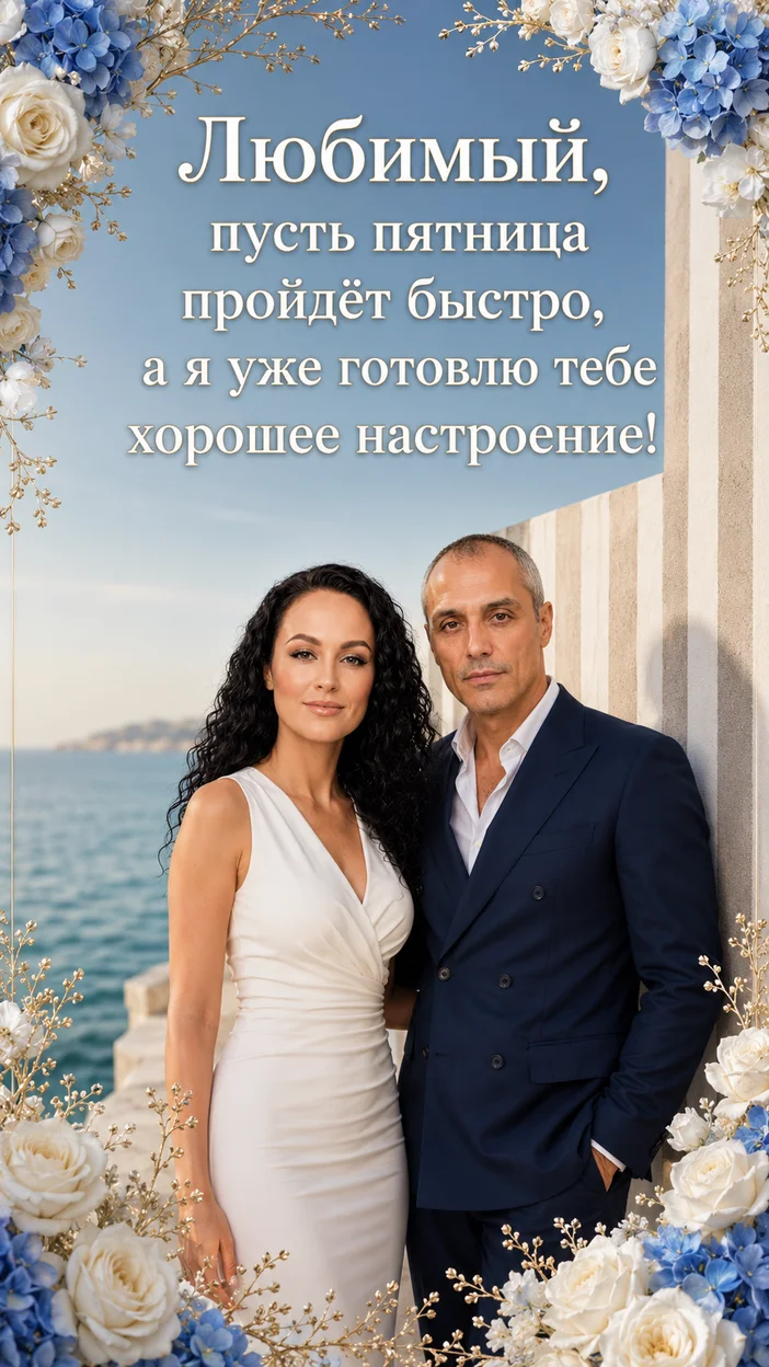 Фотооткрытка для него с поздравлением "Любимый, пусть пятница пройдёт быстро, а я уже готовлю тебе хорошее настроение!"
