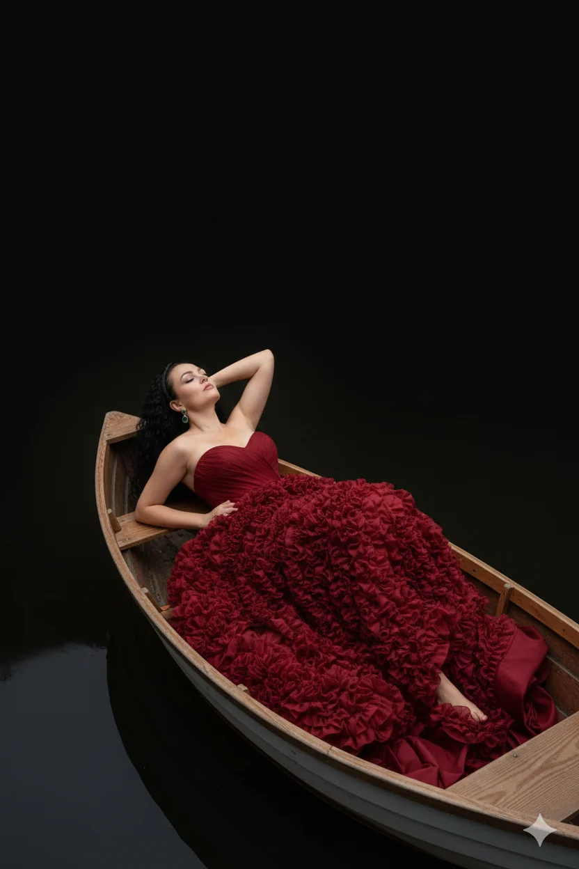 Женщина в лодке на тёмной воде в алом платье