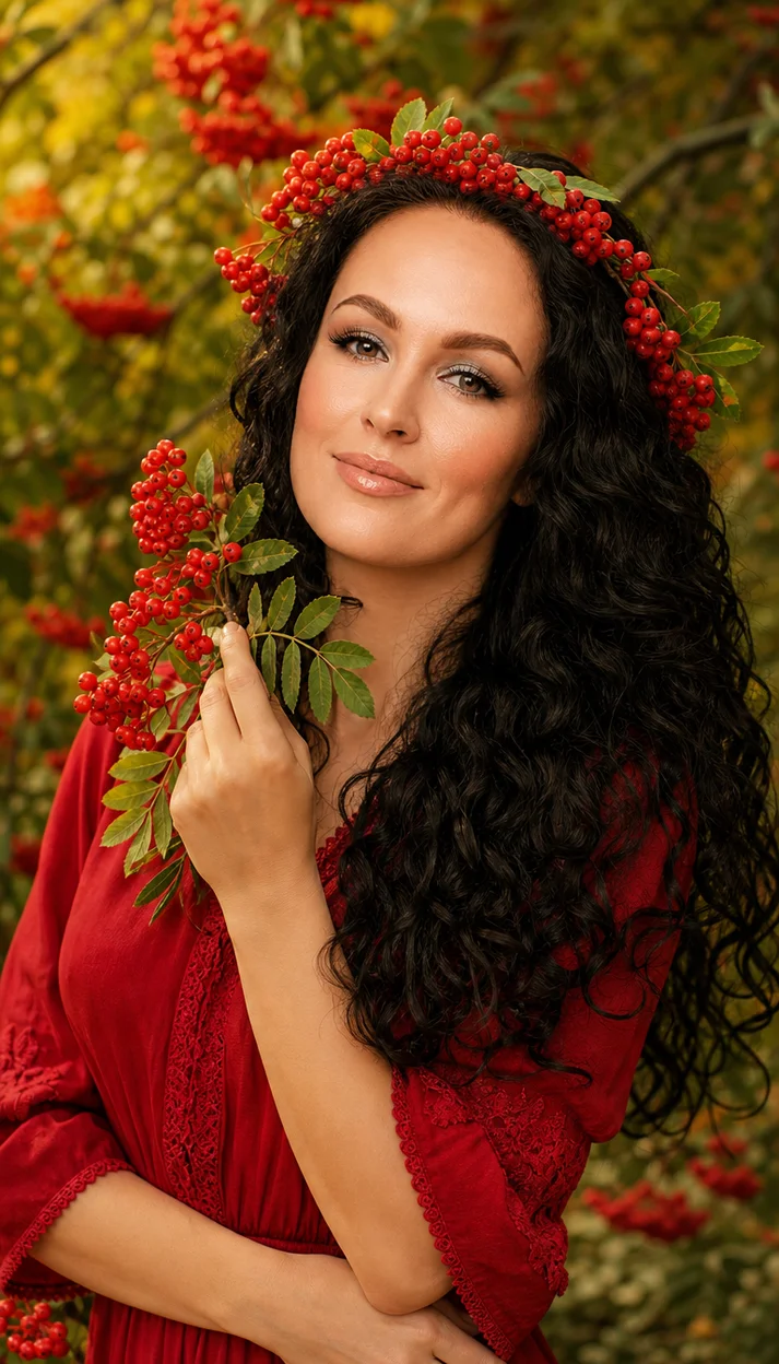 Фотосессия девушки в бордовом платье в саду с рябиной