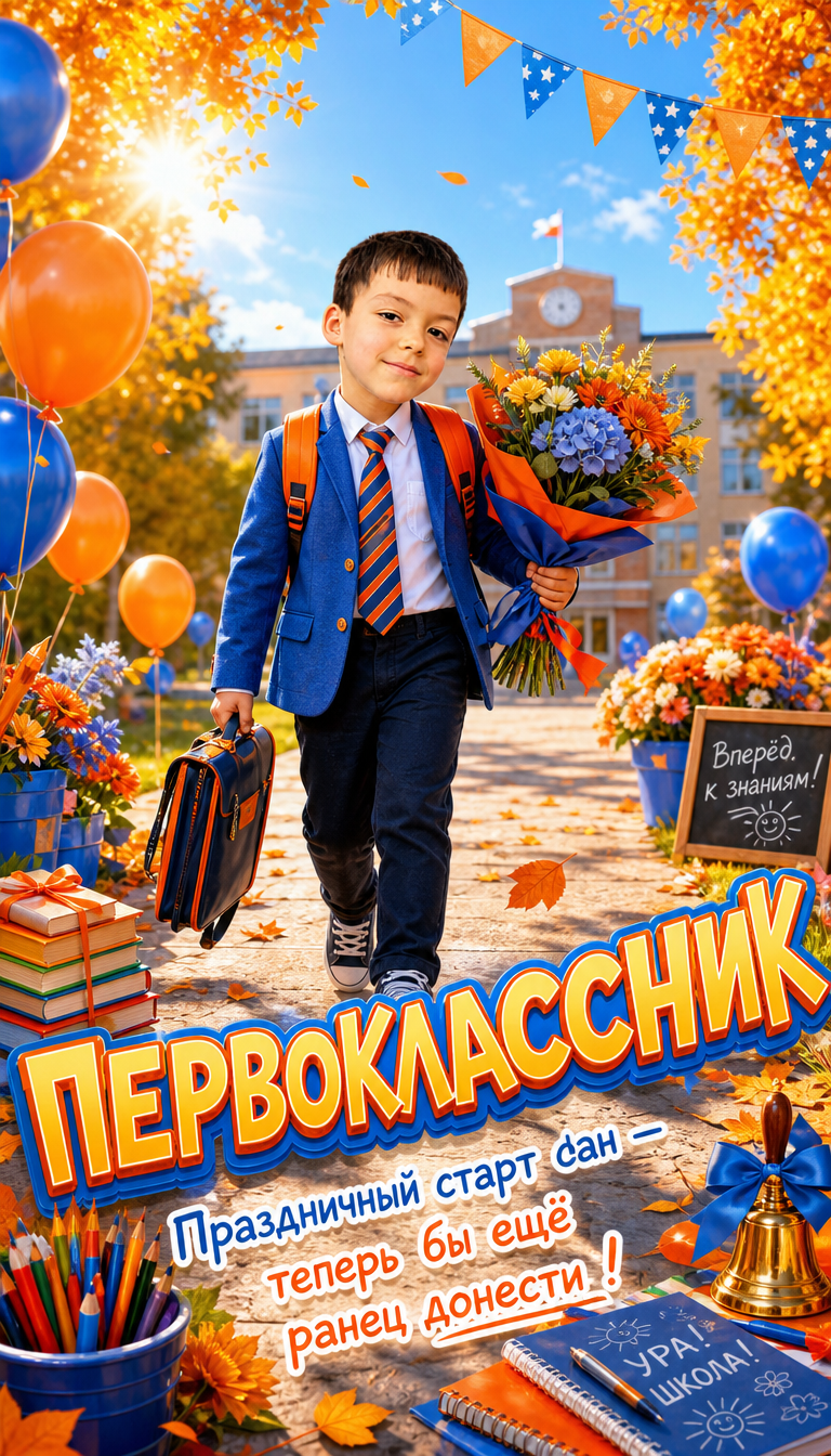 Фотосессия первоклассник на школьной дорожке с букетом и ранцем — баннер «ПЕРВОКЛАССНИК