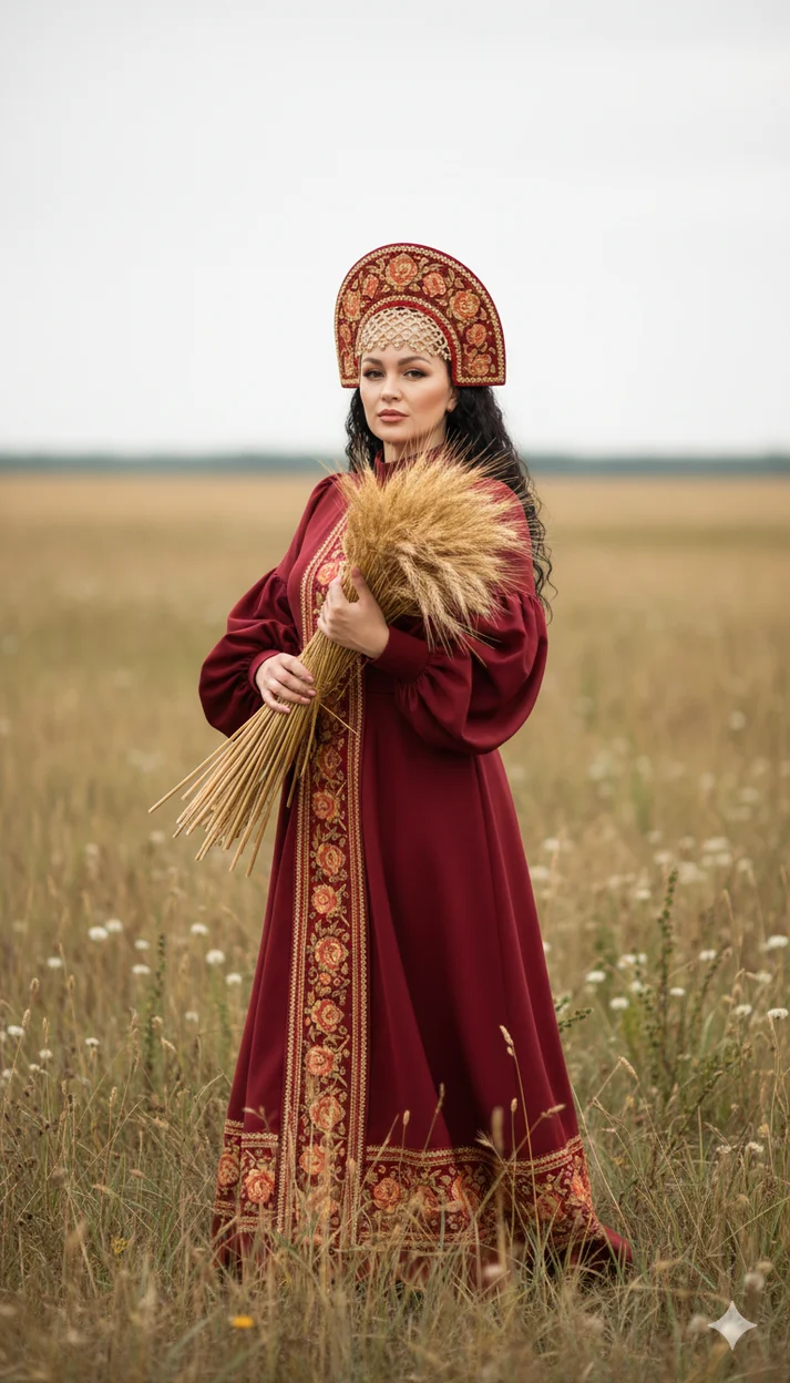 Женщина в поле в красном платье с кокошником - Русский образ 