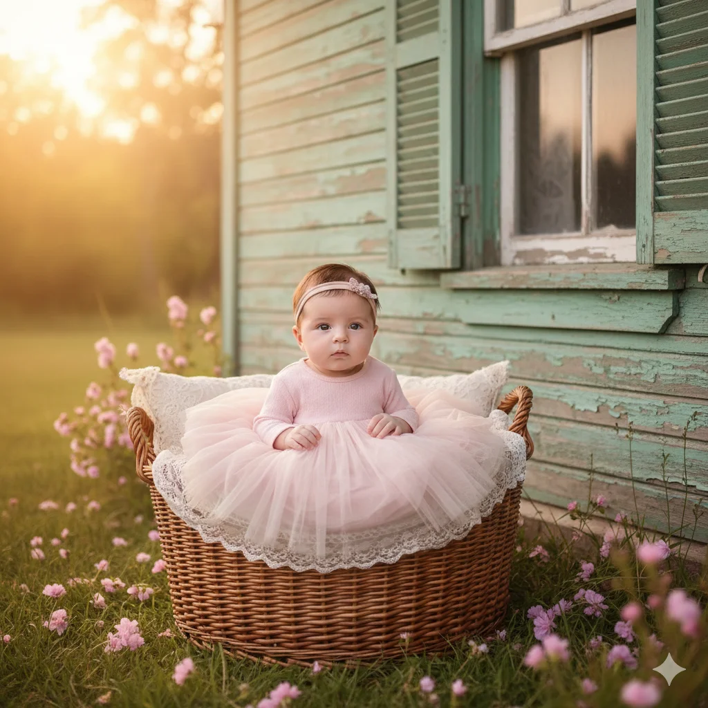 Малыш в нежно-розовом платье сидит в плетёной корзине у винтажного дома