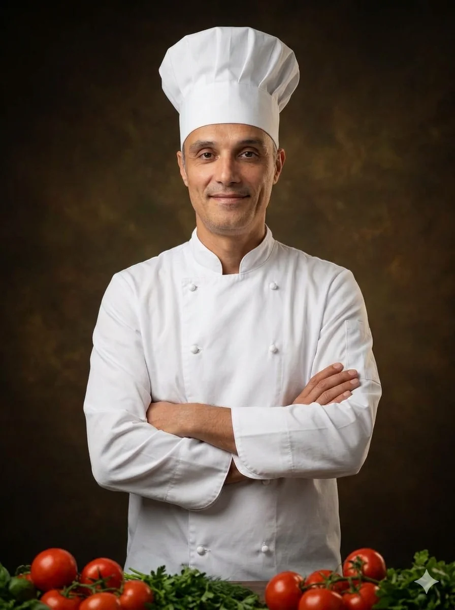 Шеф-повар в студии в белом кителе и колпаке