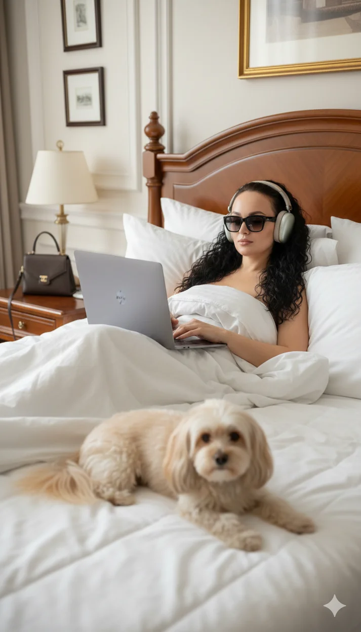 Девушка в постели с ноутбуком и собакой в наушниках,