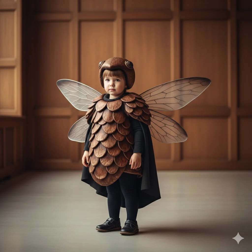 Малыш в костюме жука с крыльями стоит в интерьере