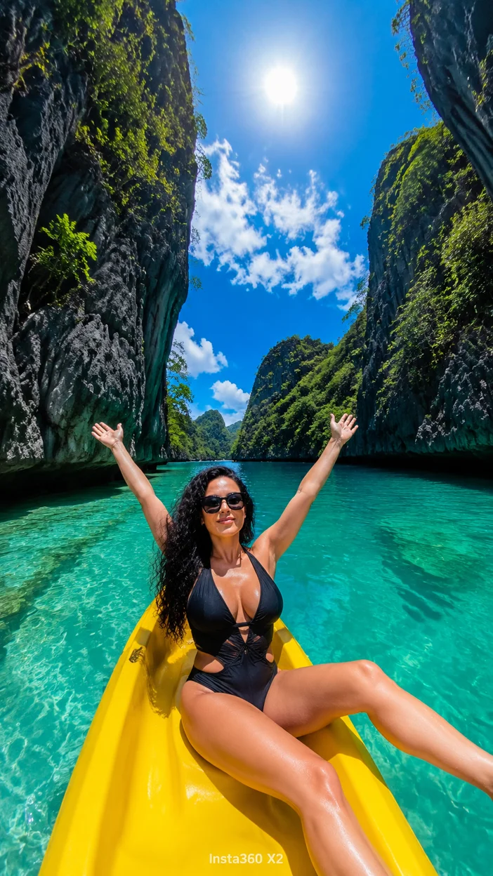 Фотосессия женщины на жёлтом каяке в узкой лагуне Эль-Нидо