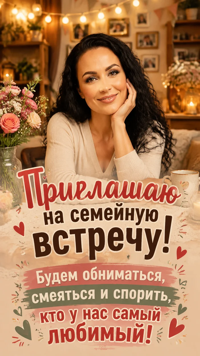 Фотооткрытка семейная встреча с текстом «Приглашаю на семейную встречу! Будем обниматься, смеяться и спорить, кто у нас самый любимый!»