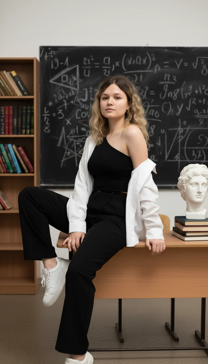  Девушка сидит на школьной парте у доски с рисунками