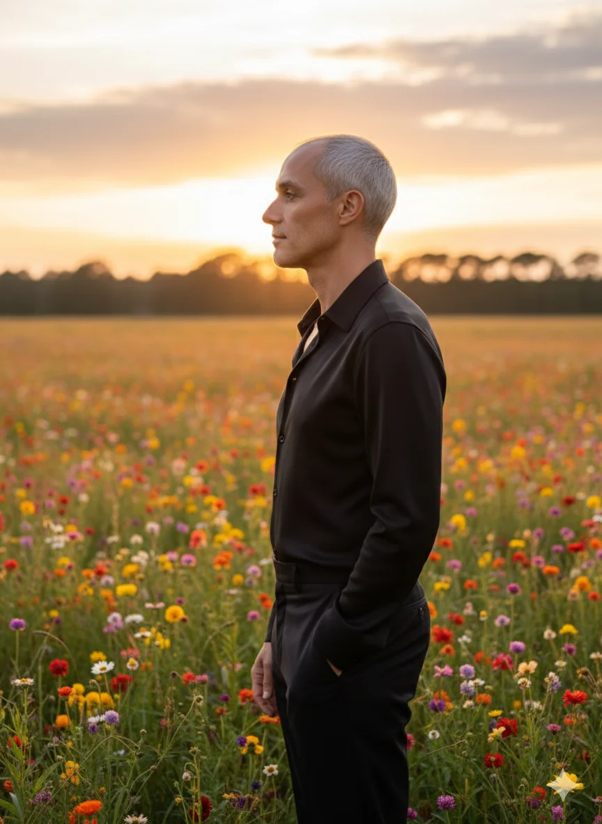Мужчина в цветущем поле на закате в тёмной рубашке