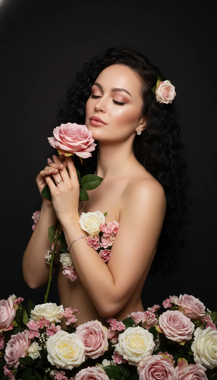 Девушка с букетом роз на тёмном фоне держит цветок у лица