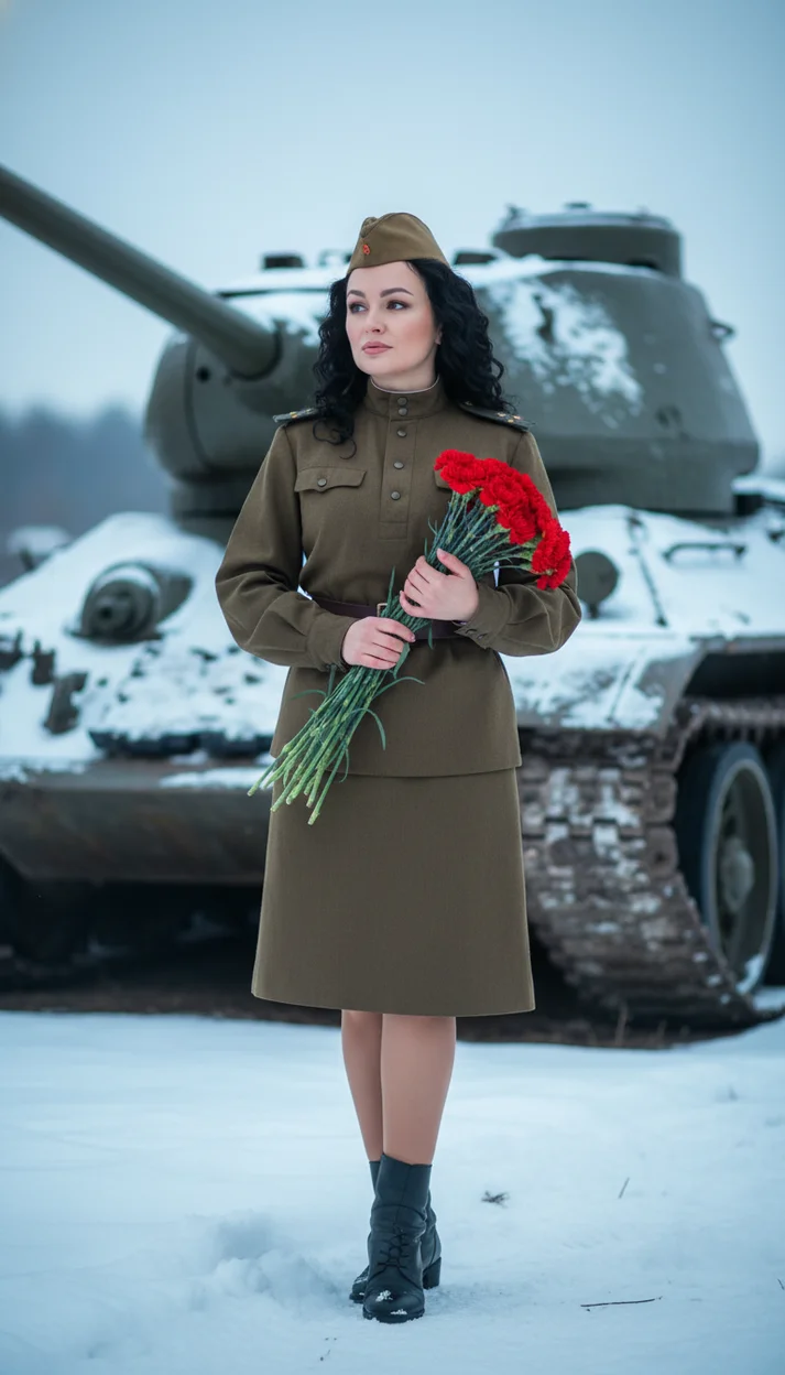 Женщина в военной форме с цветами у танка