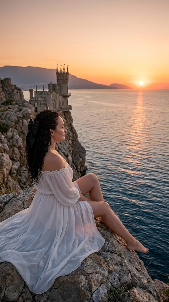 Фотореалистичная сцена на закате у моря,Ласточкино гнездо 