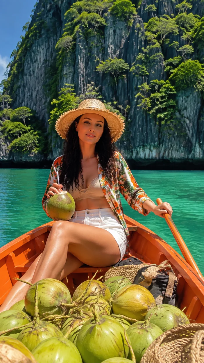 Фотосессия женщины с кокосами в оранжевой лодке на Палаване