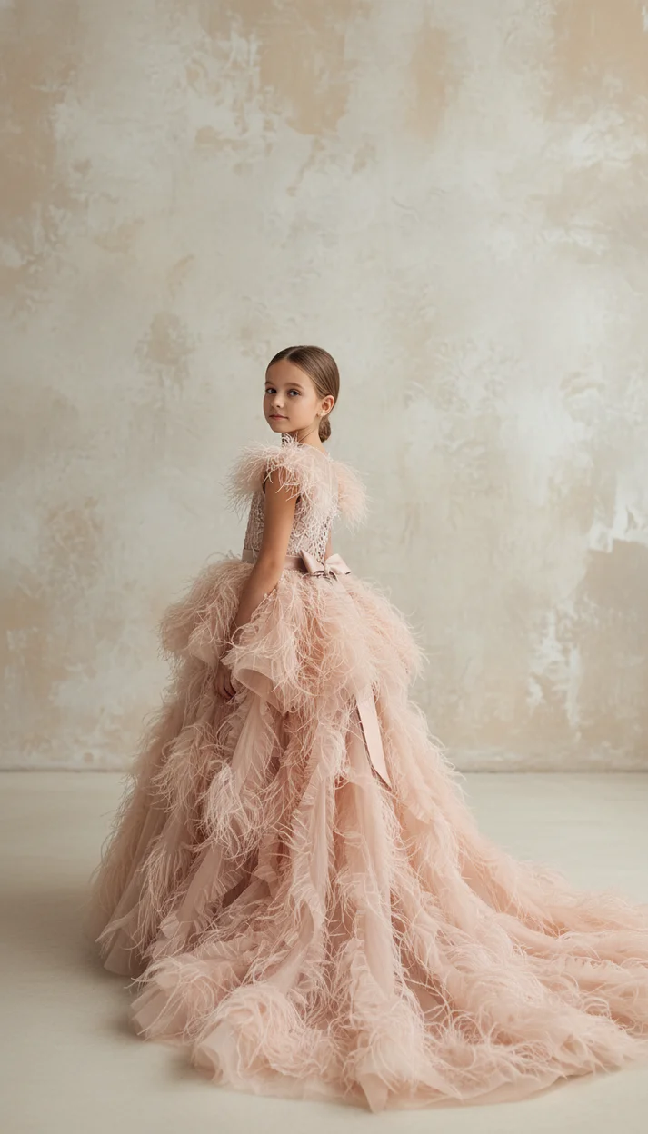 Художественный портрет ребёнка в пышном платье с перьями