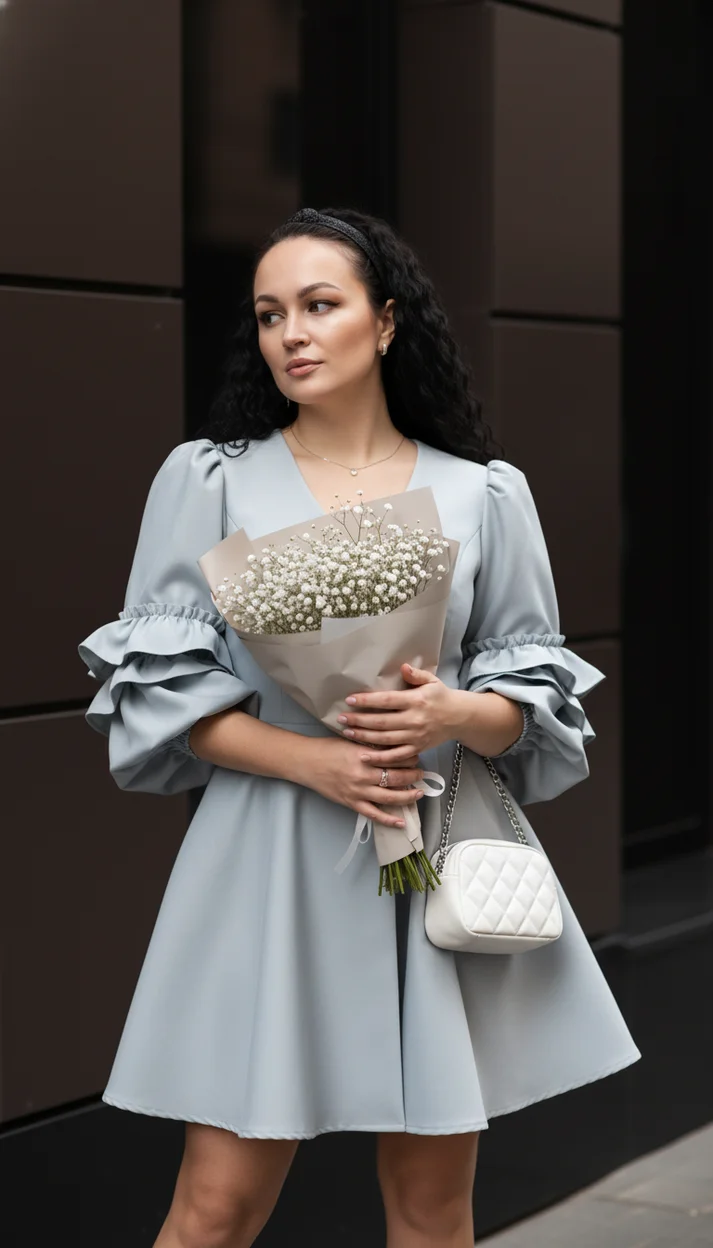 Городской образ с букетом белых цветов