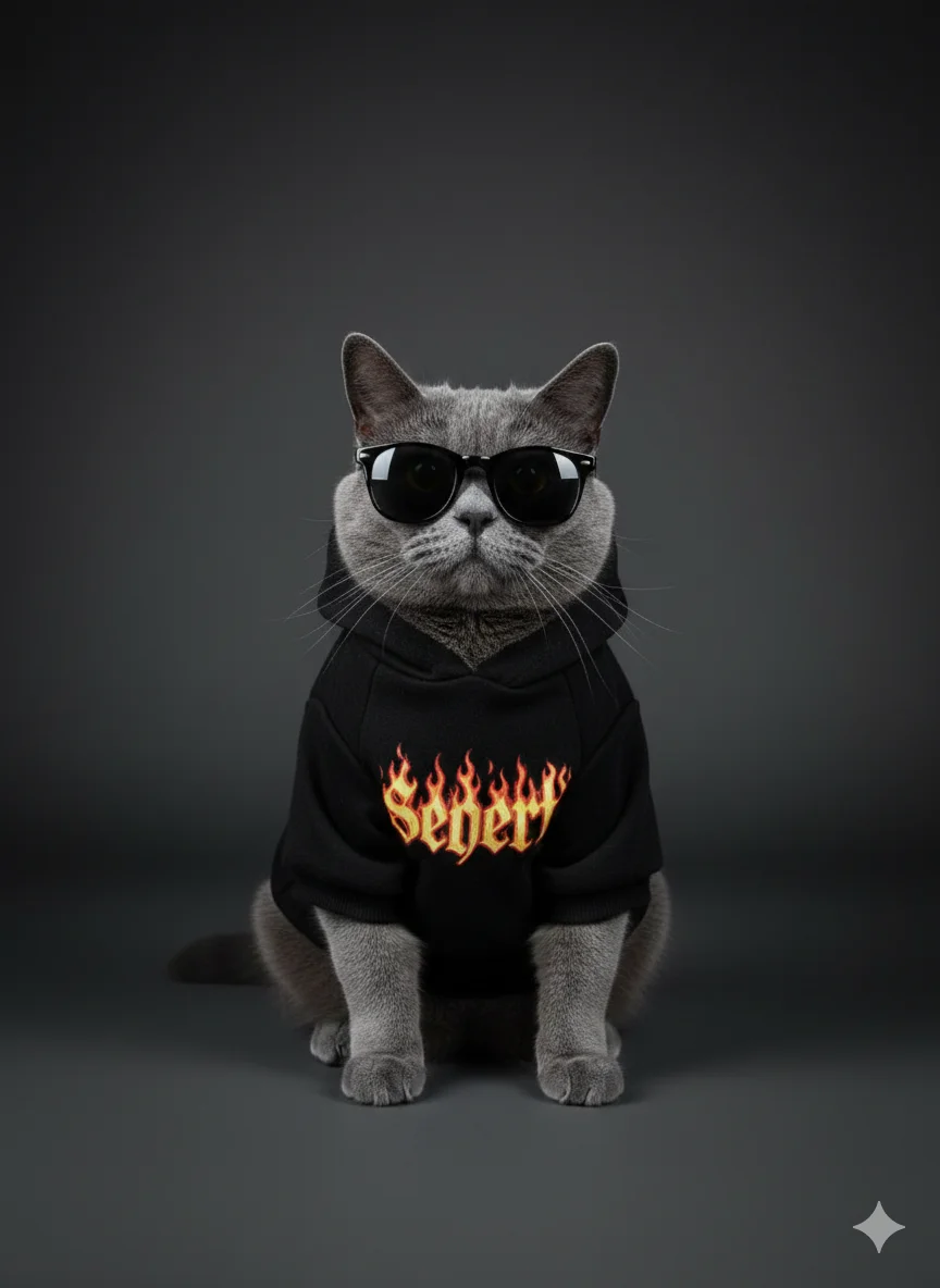 кот в чёрном худи и солнцезащитных очках, сидит прямо, смотрит в камеру уверенно и спокойно