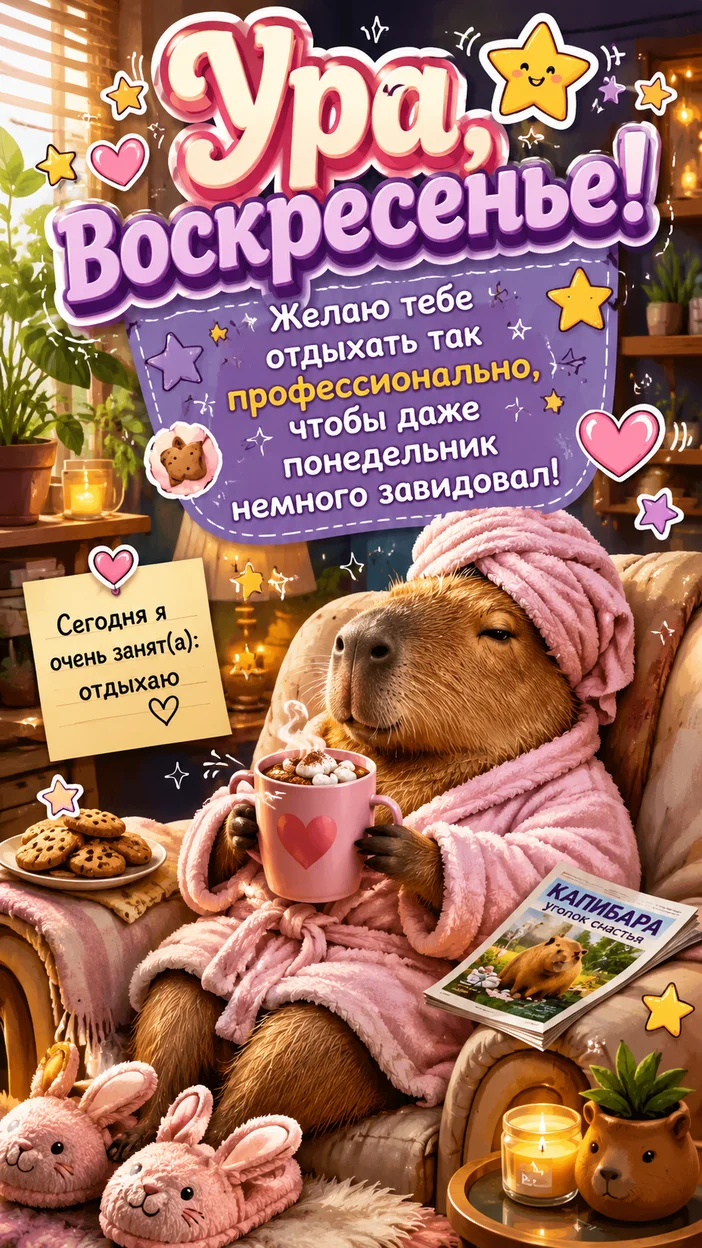 Фотооткрытка с текстом «Ура, воскресенье!»