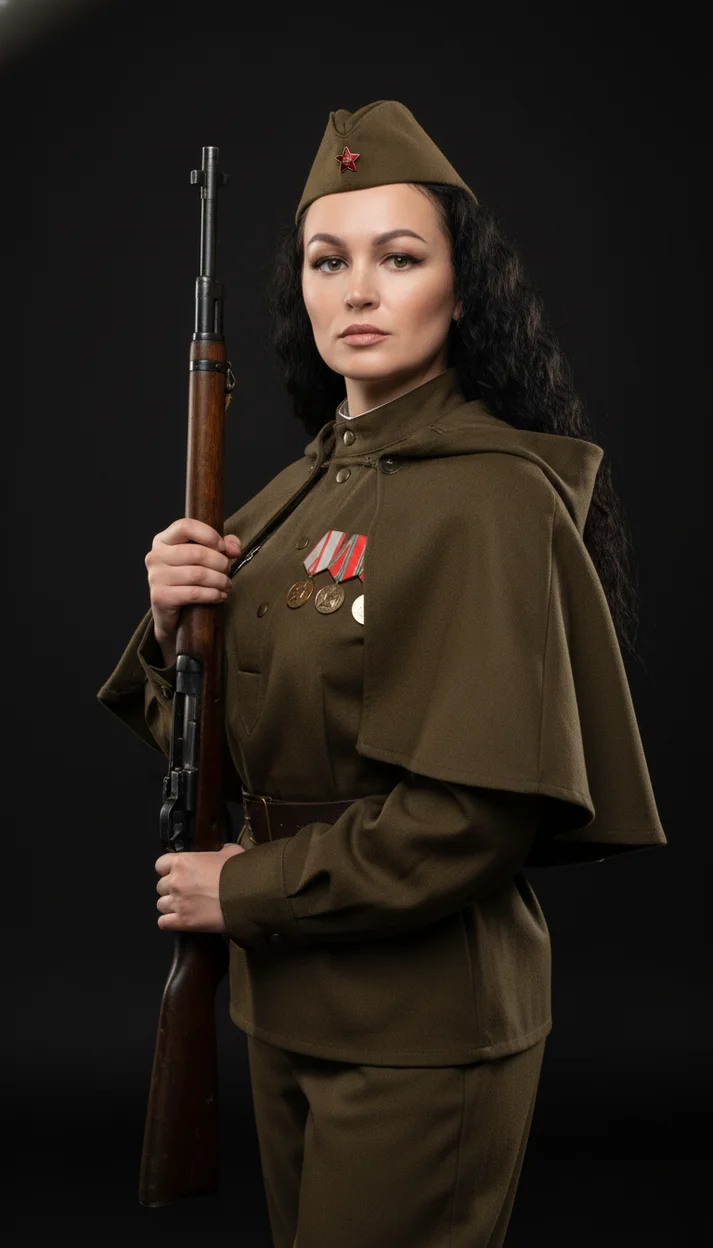  Женщина в военной форме с винтовкой на тёмном фоне