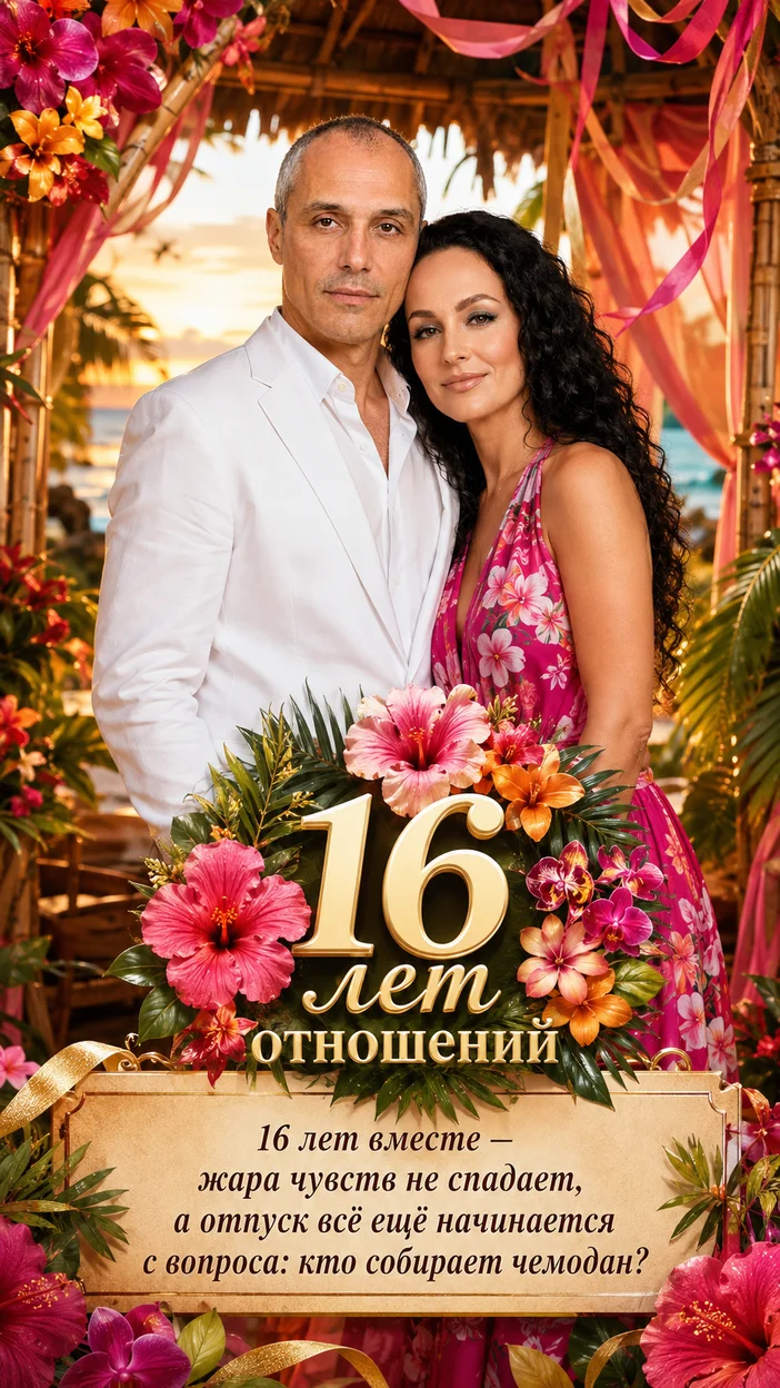 Фотооткрытка паре на 16 лет с текстом "16 лет вместе — жара чувств не спадает, а отпуск всё ещё начинается с вопроса: кто собирает чемодан?"