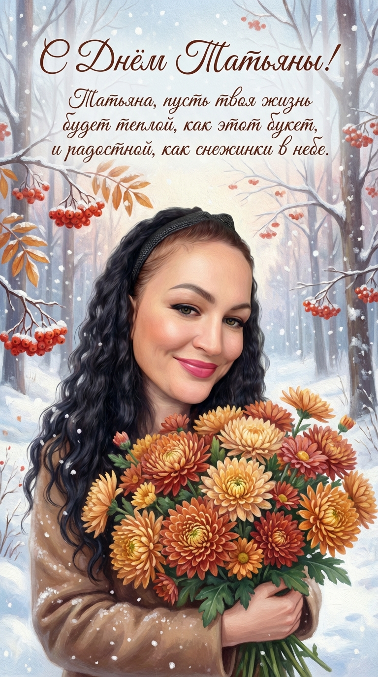Текст: «Татьяна, пусть в жизни будет столько же тепла, сколько в этом букете, и столько же радости, сколько снежинок в небе.»