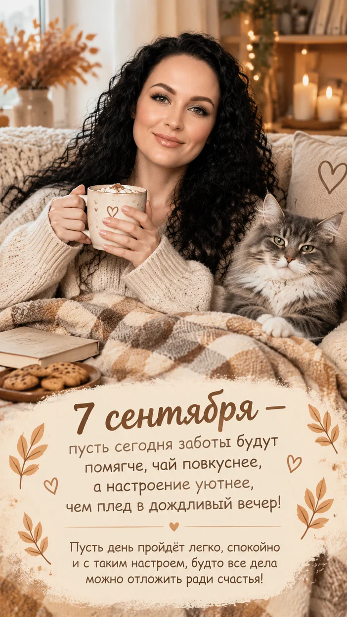 Фотосессия уютной вертикальной открытки 7 сентября с девушкой и котом