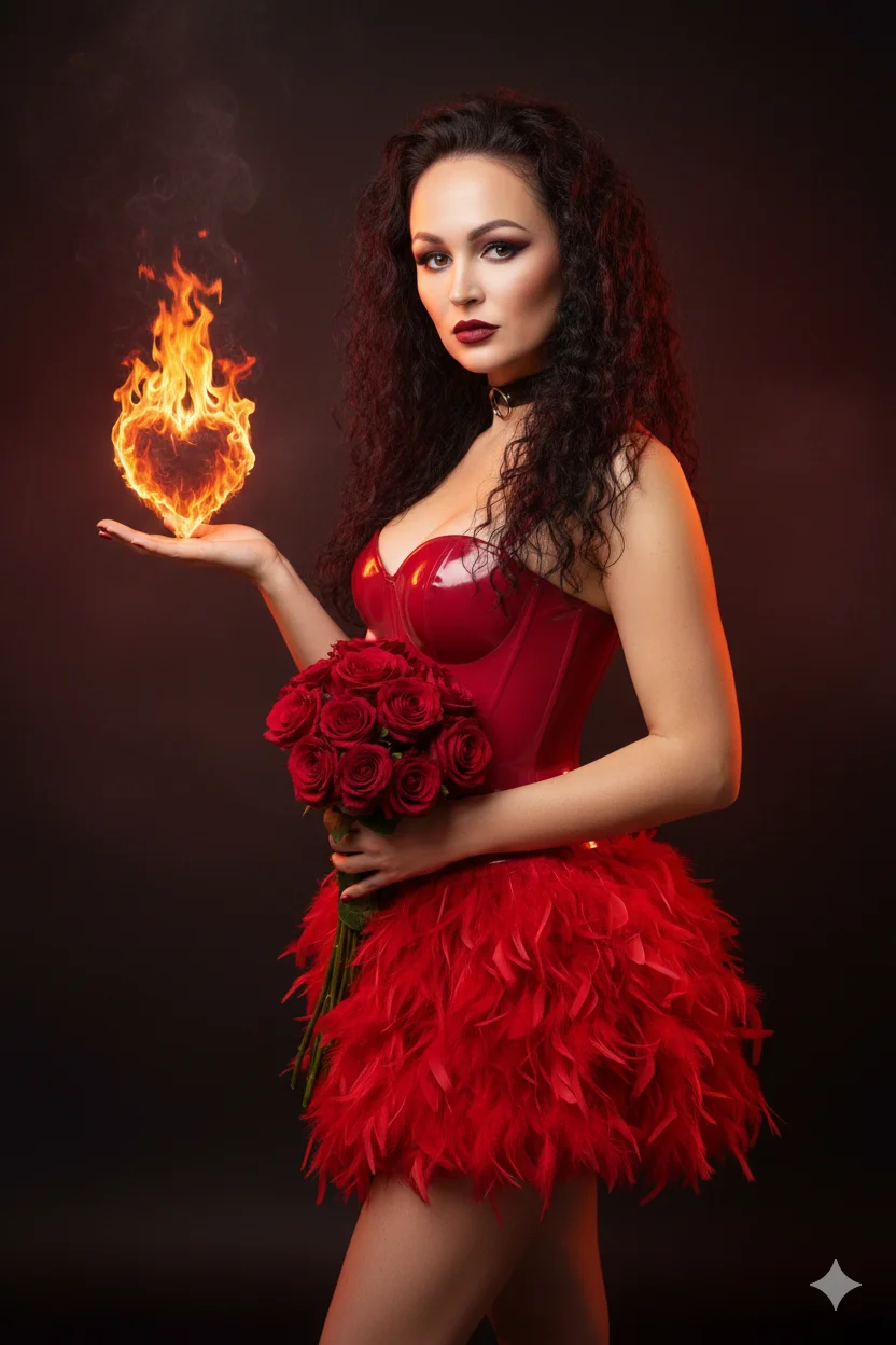 Женщина в красном латексном корсете держит огненное сердце