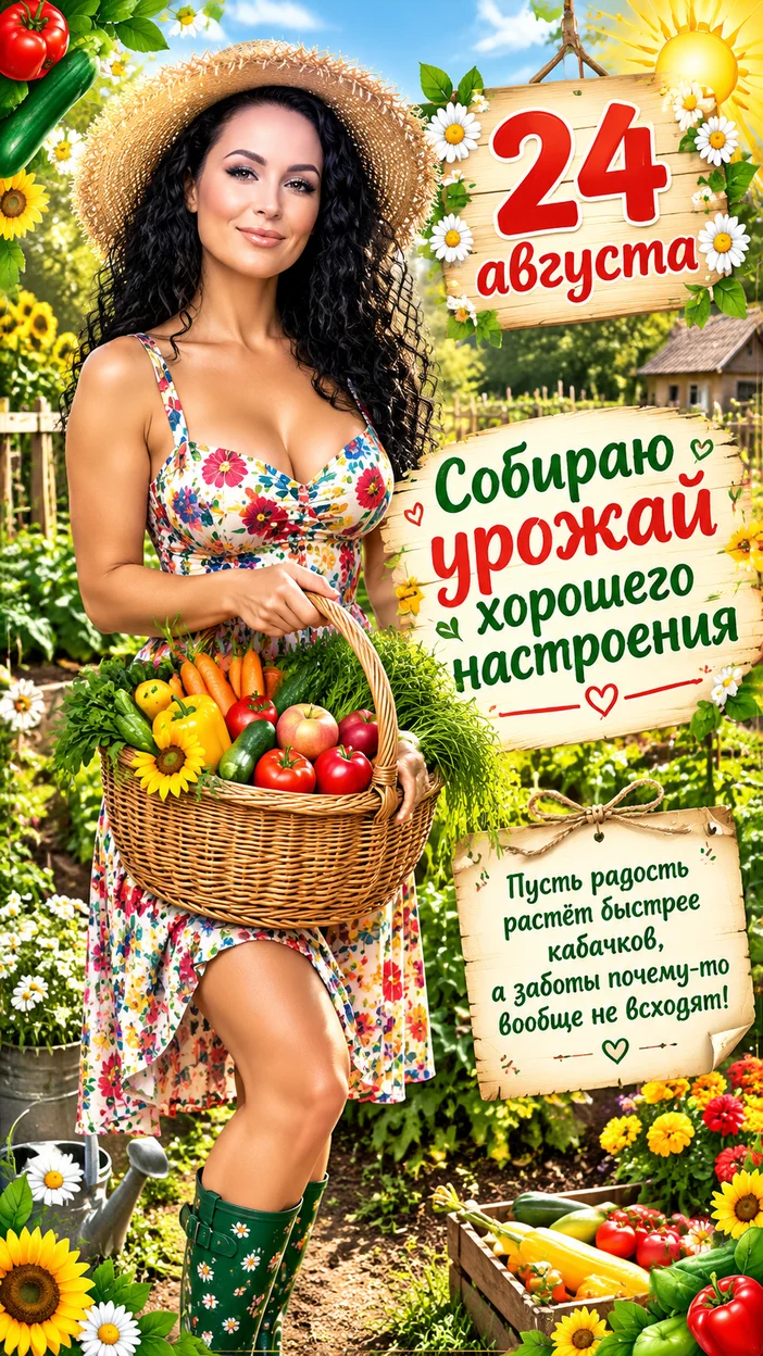Фотосессия женщины в ярком сарафане на даче с огородом