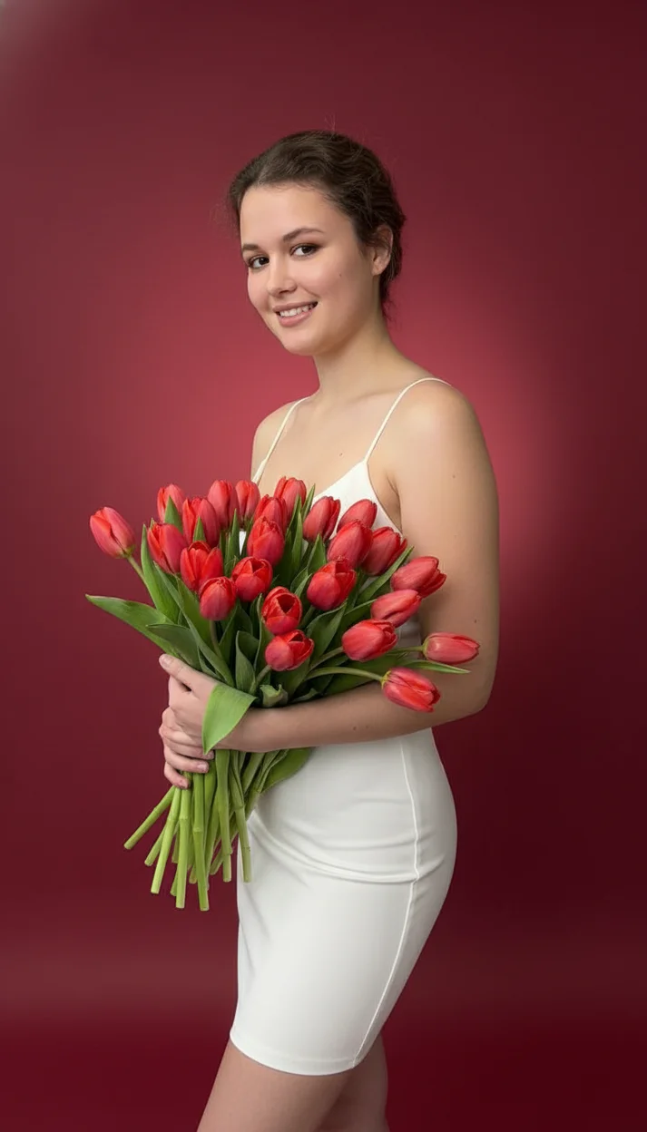 Девушка в белом платье в студии с красным фоном