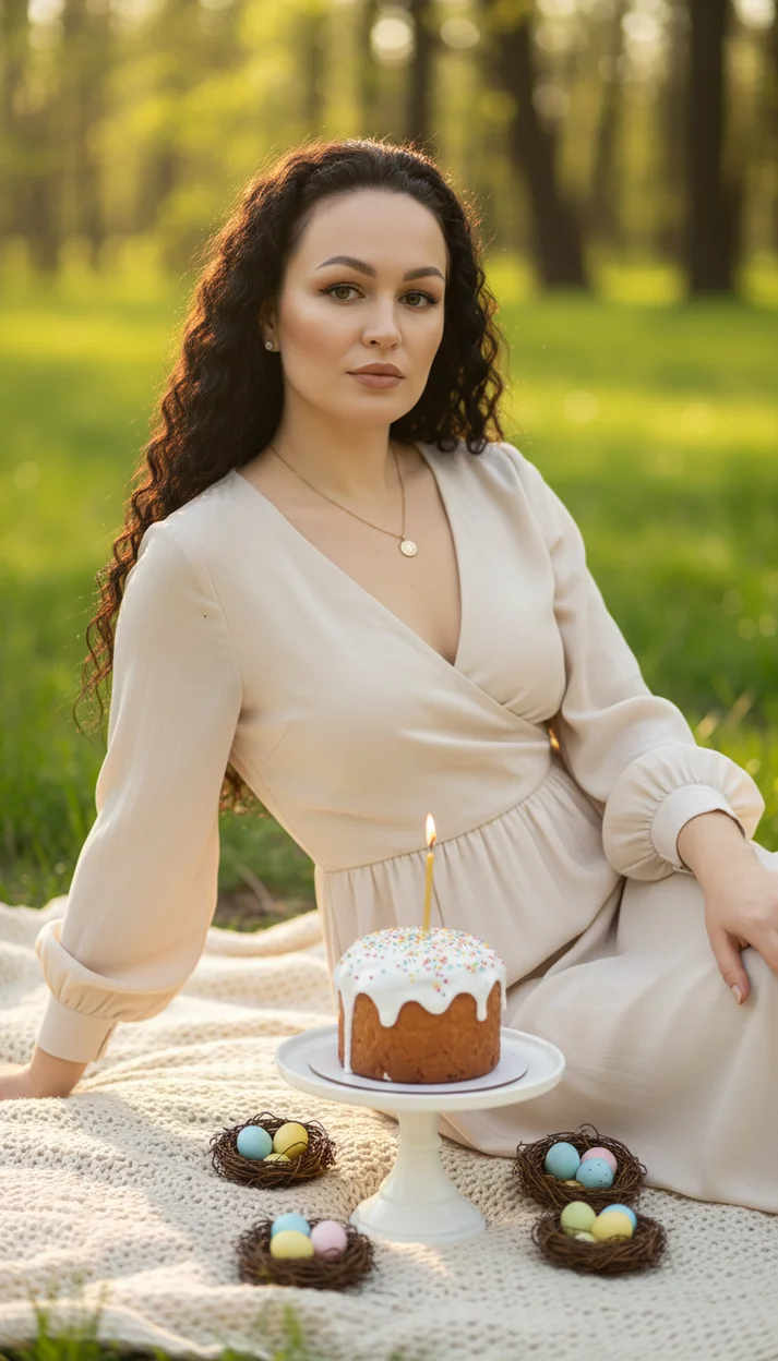 Женщина в светлом платье сидит на пледе в весеннем лесу рядом с пасхальным куличом