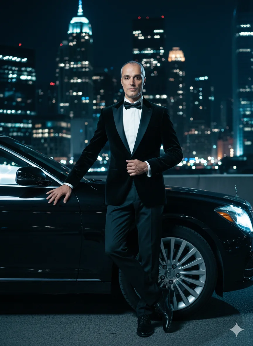 Мужчина у чёрного премиального автомобиля в смокинге на фоне ночного мегаполиса