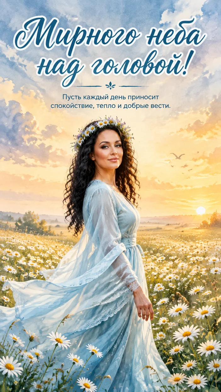 Фотооткрытка для неё с поздравлением "Мирного неба над головой!"