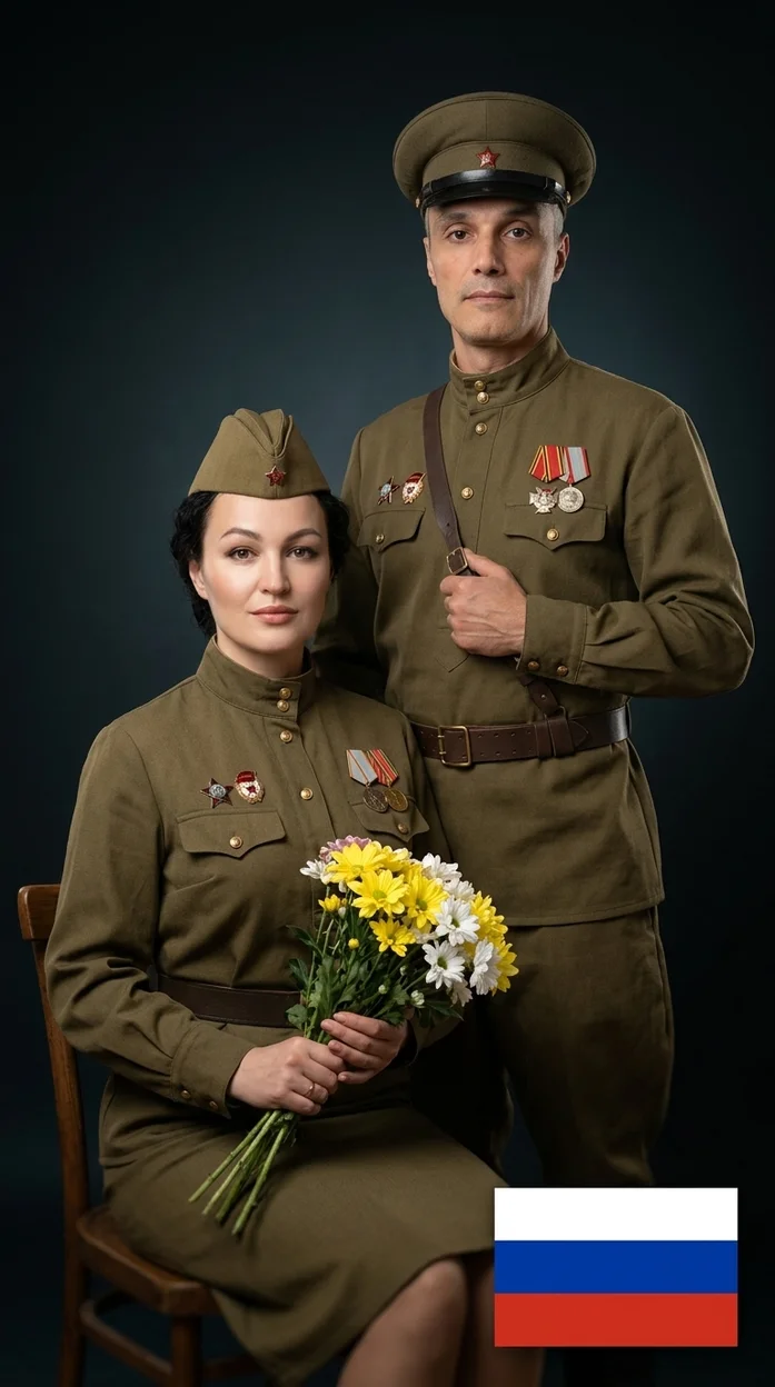 Мужчина и женщина в военной форме с букетом у стула