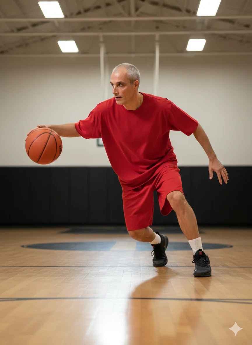 Мужчина в красной баскетбольной форме выполняет резкий проход с мячом в зале