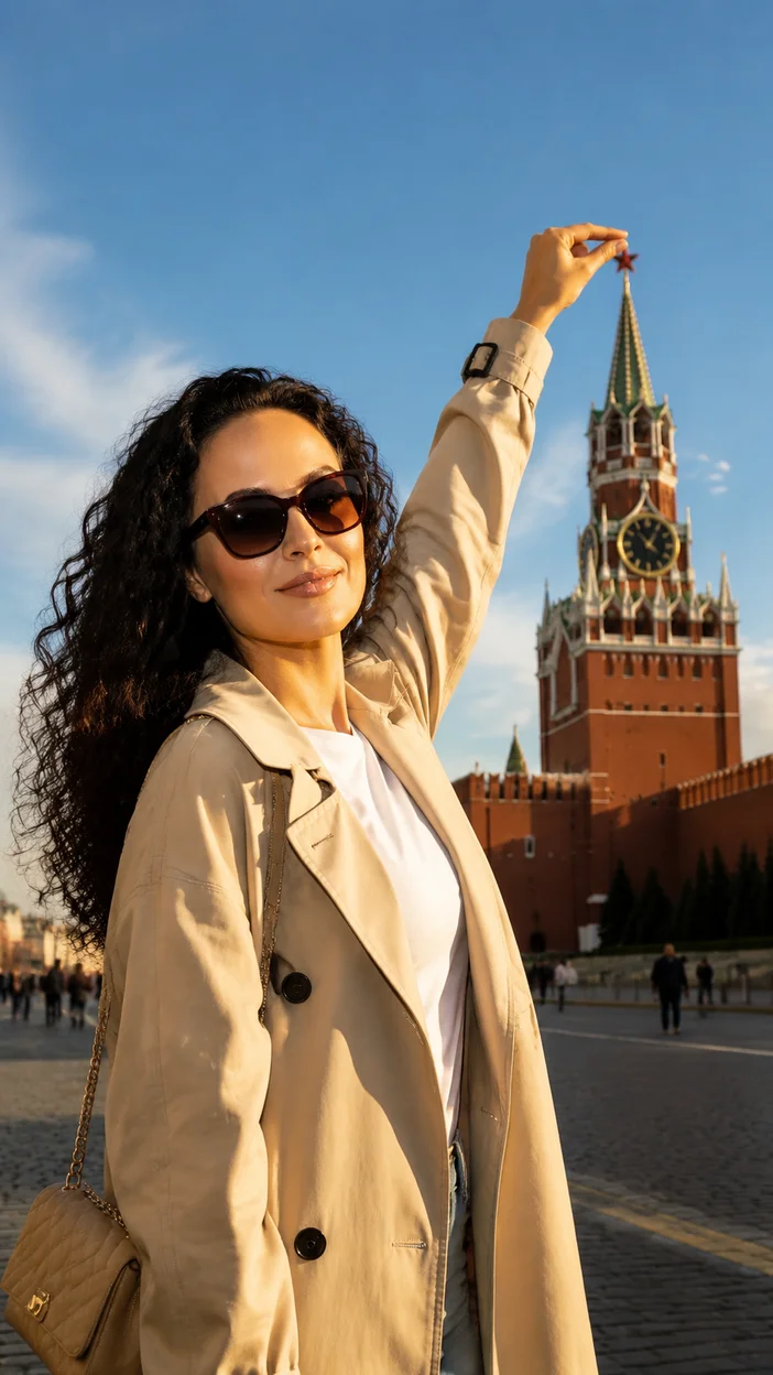 Фотосессия девушки в бежевом тренче на Красной площади