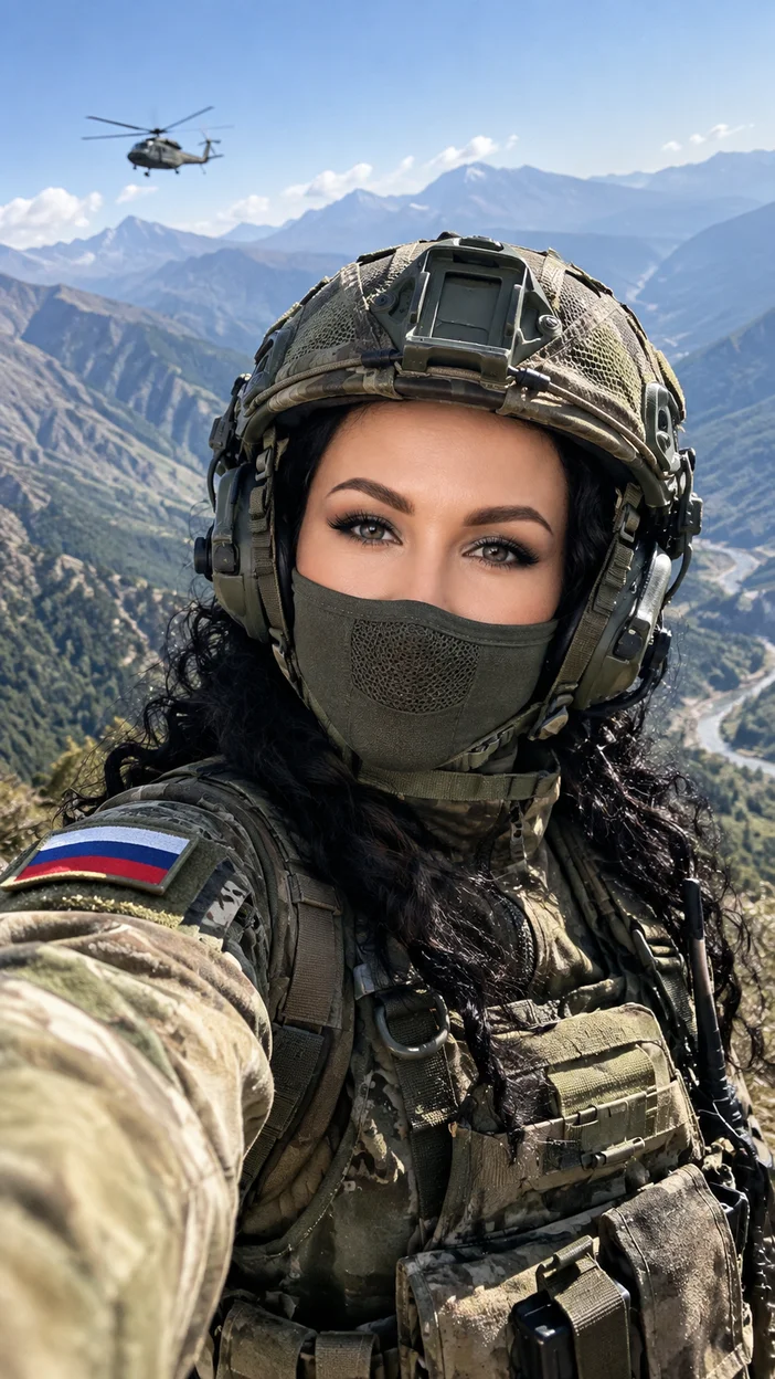 Фотосессия селфи в горах — девушка в русской военной форме на фоне вертолёта и горной долины