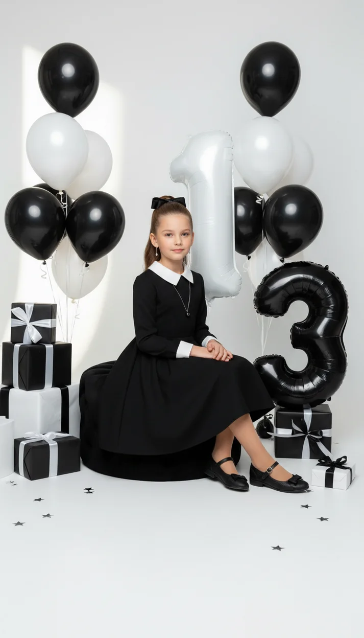  Фотосессия на 13 лет с чёрно-белыми шарами и подарками